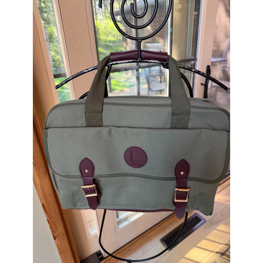 Lulu Canvas Messenger Laptop Bag Olive Green Burgundy Gold Buckle Briefcase